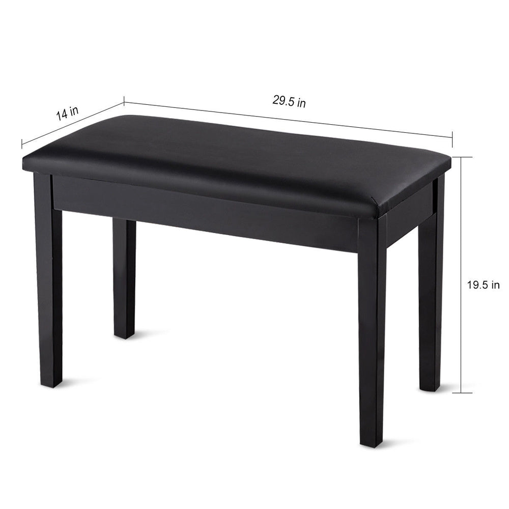 Black solid wood piano bench with PU leather padding, dimensions 29.5x14x19.5 in, ideal for music practice and storage.