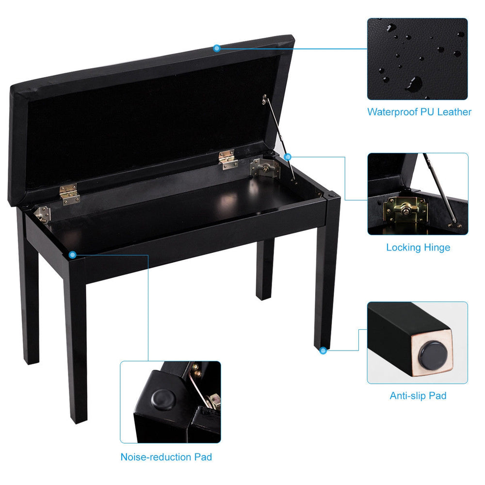 Black solid wood piano bench with PU leather padding, storage compartment, and noise-reduction pad for comfortable.