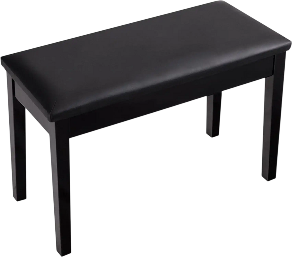 Black solid wood piano bench with PU leather padding, featuring a storage compartment for sheet music and books.