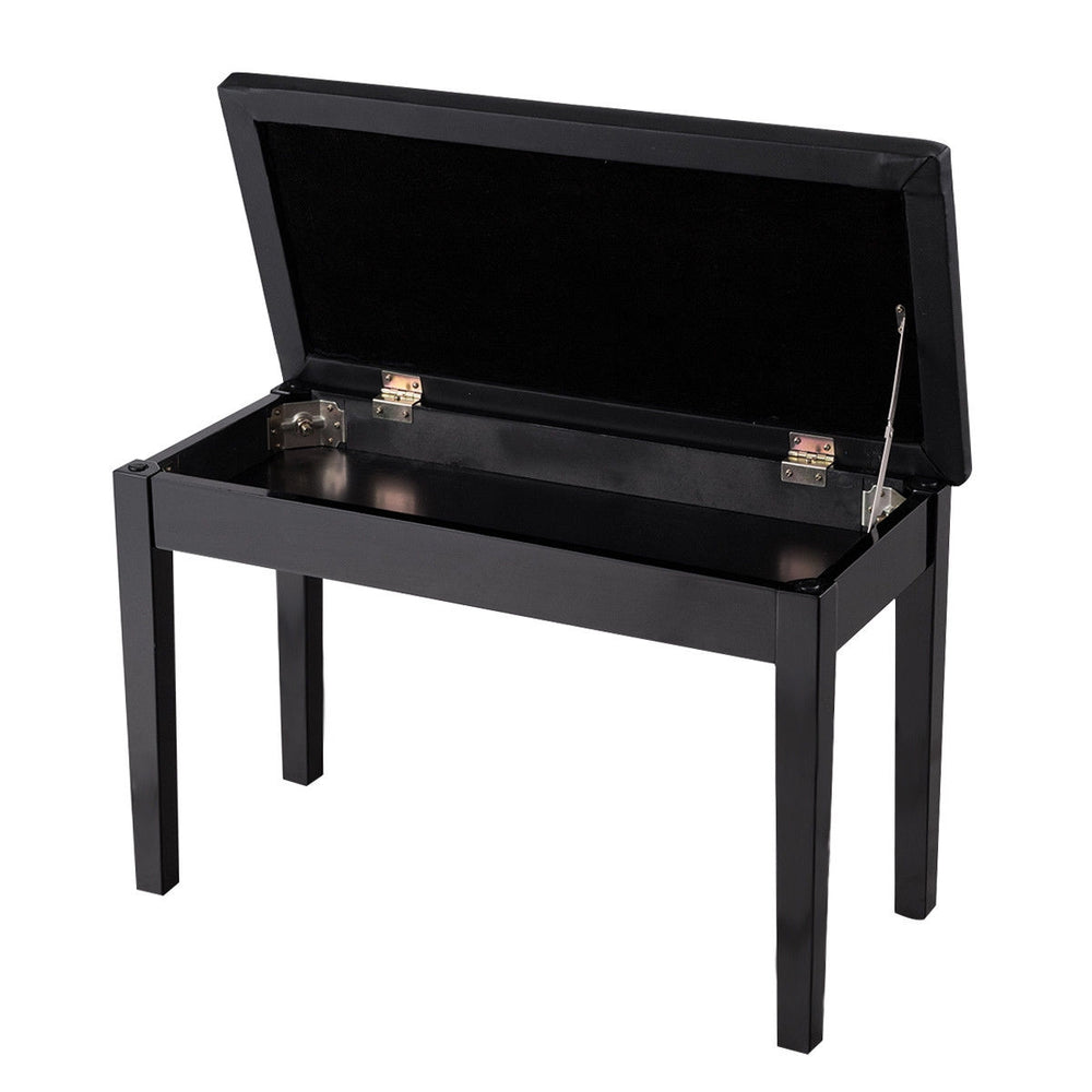 Black solid wood piano bench with PU leather padding and storage compartment for sheet music and books.