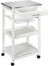 Kitchen island cart with stainless steel tabletop, pull-out drawer, wire basket, and removable tray for versatile.