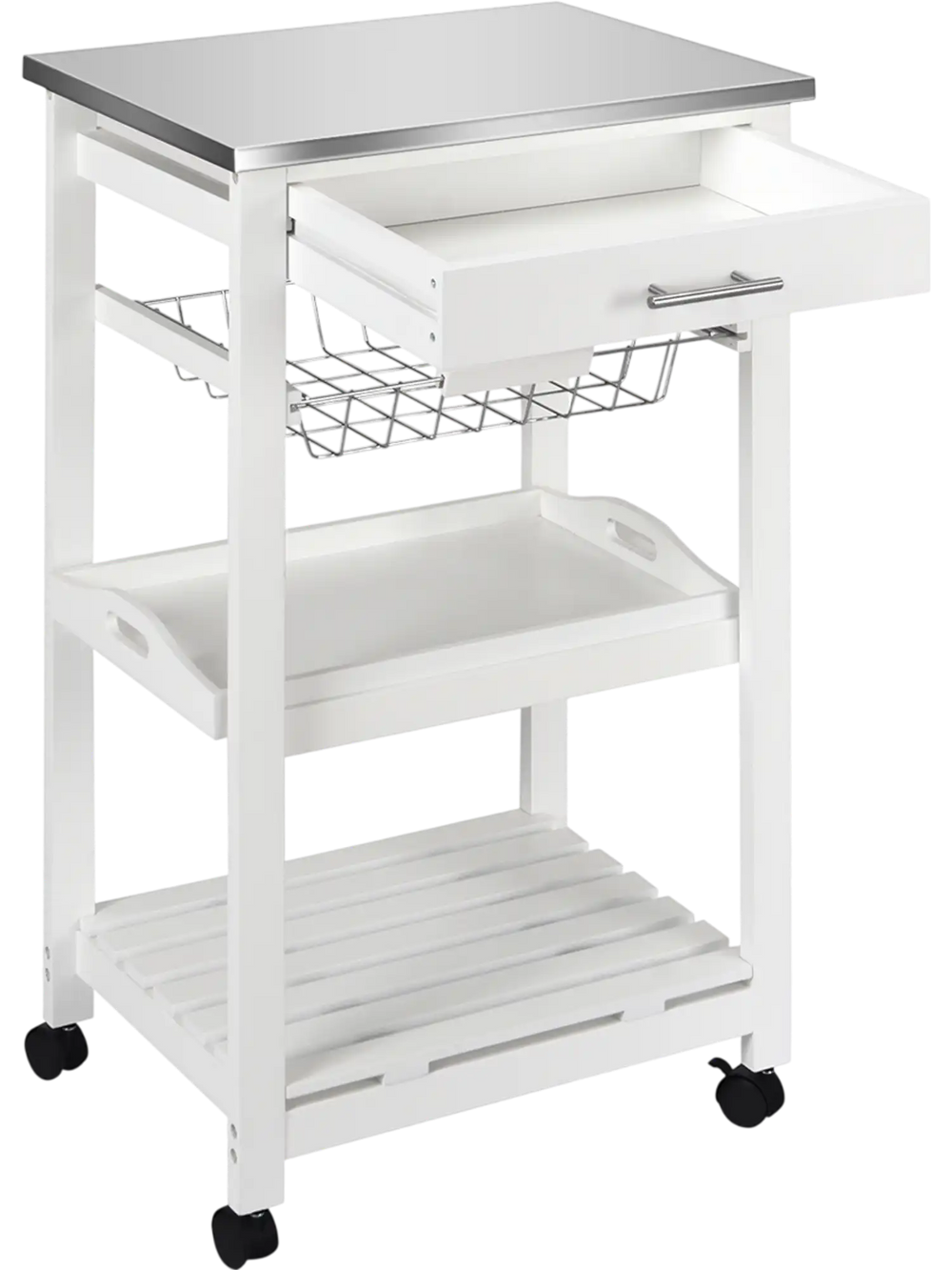 Kitchen island cart with stainless steel tabletop, pull-out drawer, wire basket, and removable tray for versatile.
