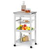 Kitchen island cart with stainless steel tabletop, pull-out drawer, and wire basket, ideal for kitchen storage on.