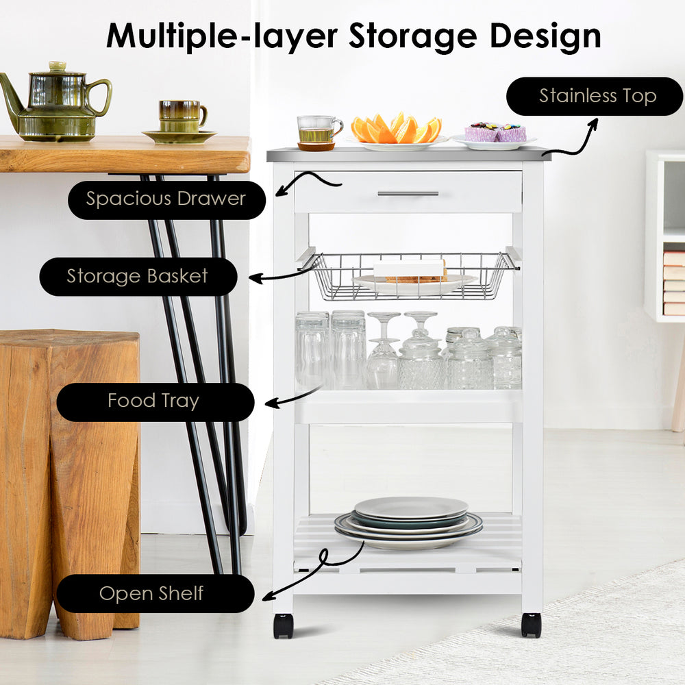 Kitchen island cart with stainless steel top, spacious drawer, wire basket, and open shelf for versatile kitchen.