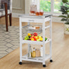 Kitchen island cart with stainless steel tabletop, pull-out drawer, and slide-out basket, ideal for kitchen storage.