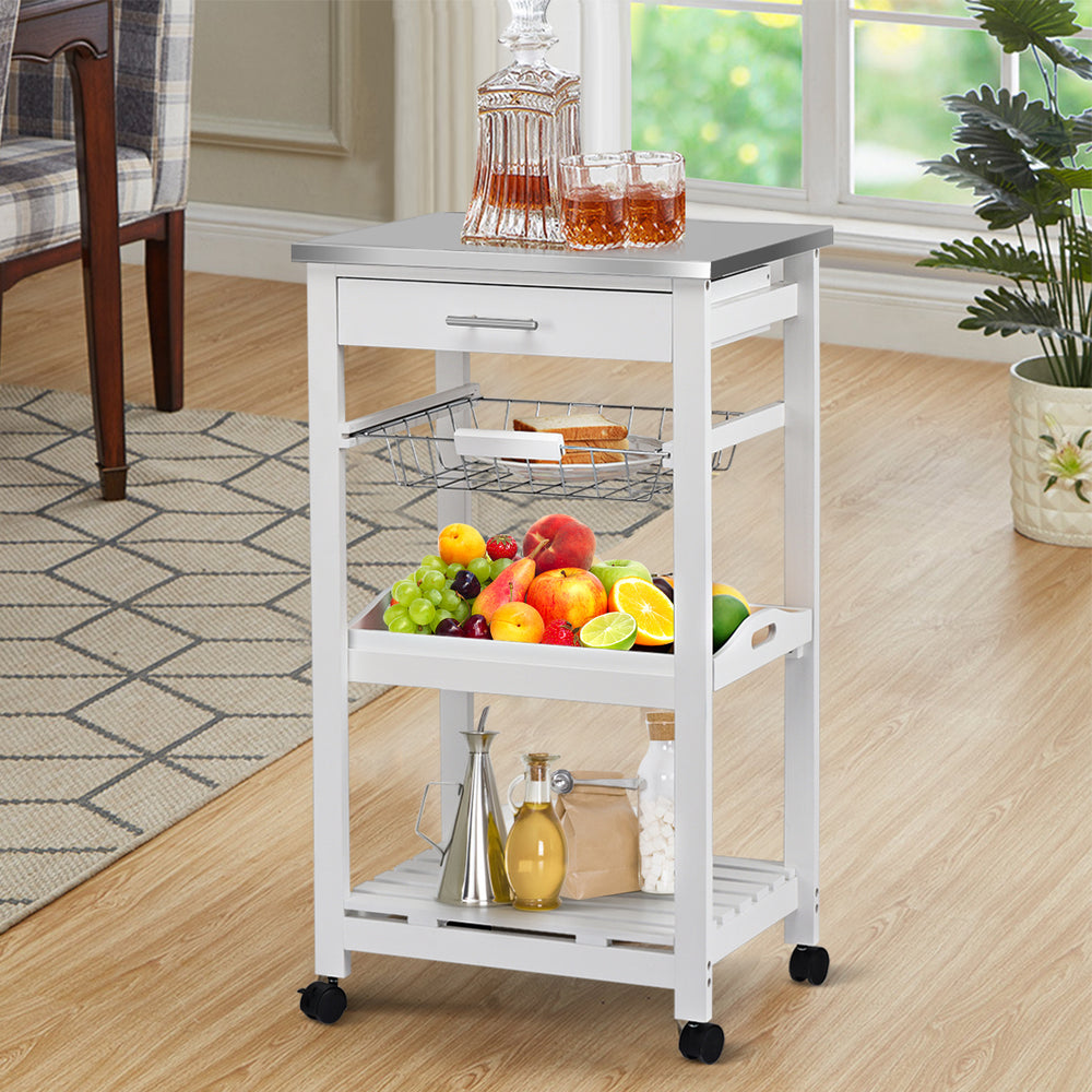 Kitchen Island Cart with Stainless Steel Tabletop and Basket-White - Gallery View 1 of 13