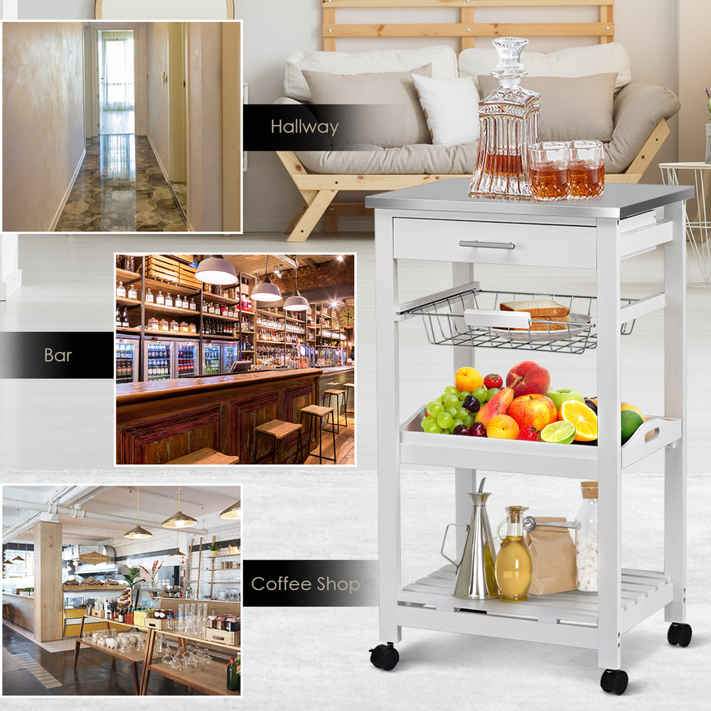 Kitchen island cart with stainless steel tabletop, pull-out drawer, and wire basket, ideal for kitchen or bar use.