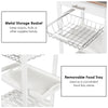 Metal storage basket and removable food tray on a kitchen island cart with stainless steel tabletop for versatile.