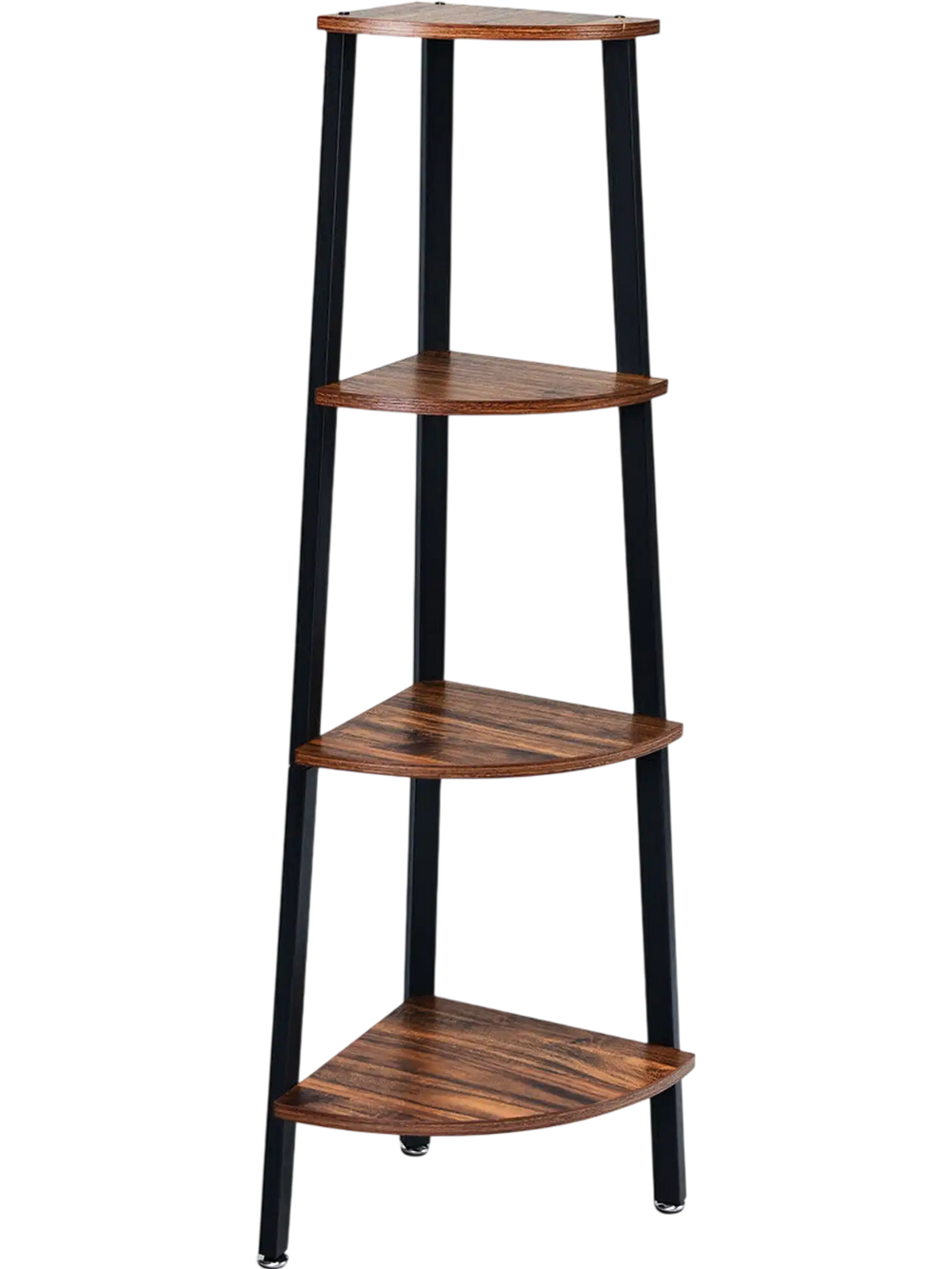 4-tier corner shelf featuring a sleek black metal frame and rich wood shelves, perfect for stylish storage in any room.