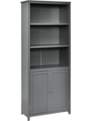 Gray bookcase shelving unit with a sturdy bottom cabinet, perfect for stylishly storing books and decorative items.
