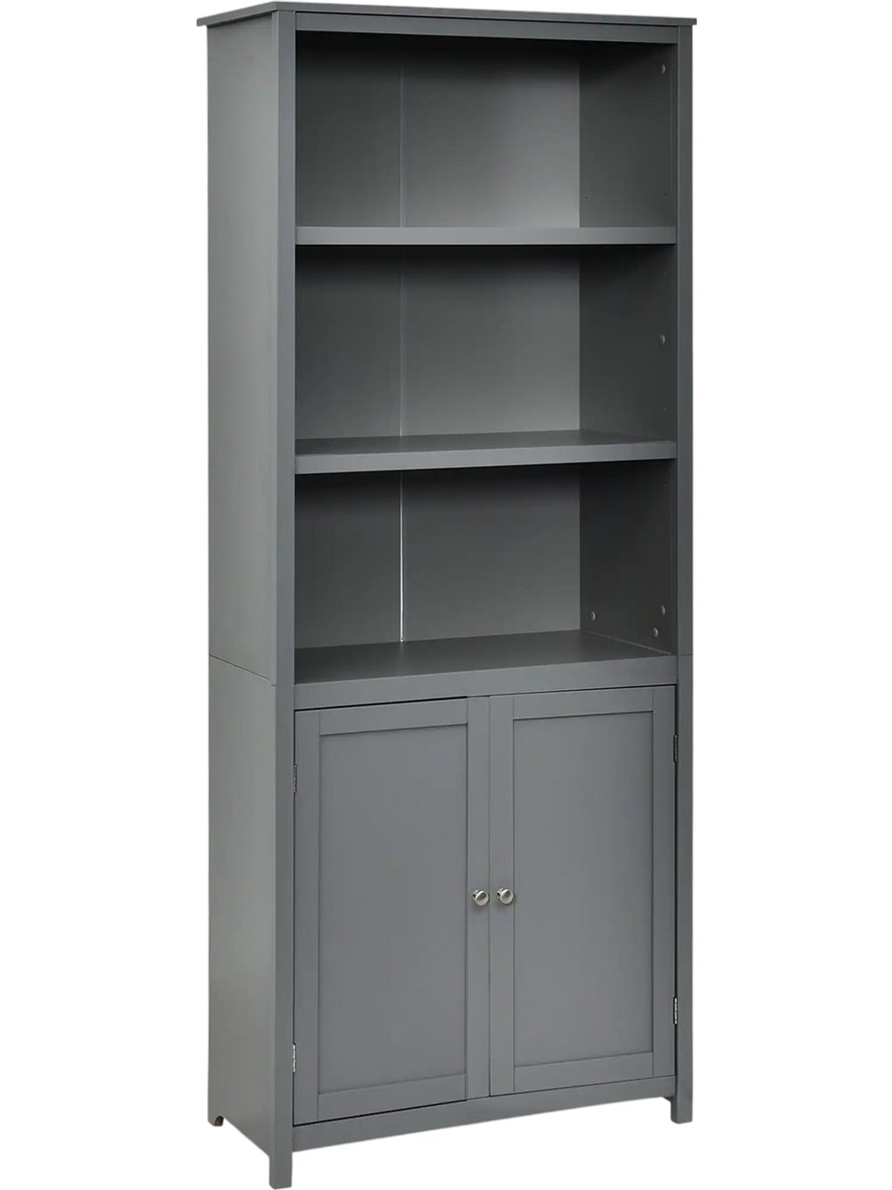 Gray bookcase shelving unit with a sturdy bottom cabinet, perfect for stylishly storing books and decorative items.