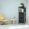 Black multifunction storage rack with three shelves and two drawers, ideal for bathroom or living room organization.