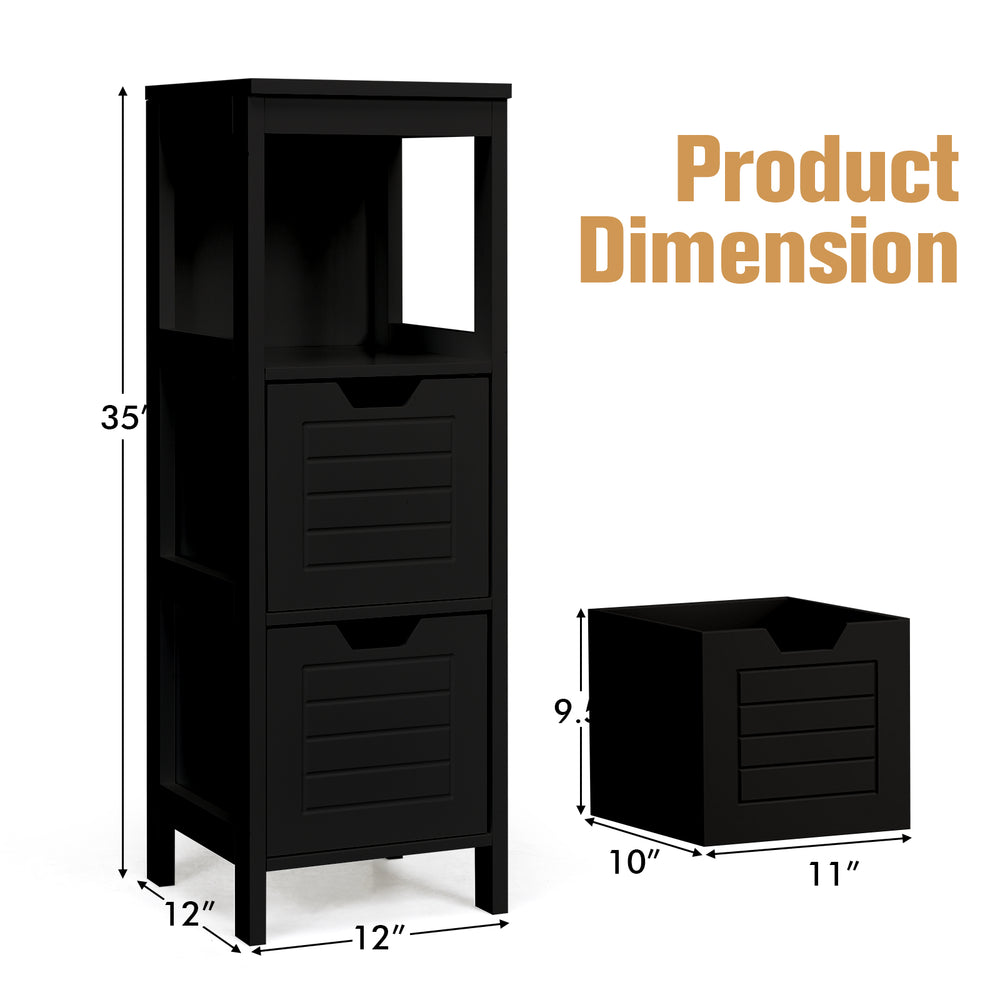 Black bathroom wooden floor cabinet with two drawers and open shelf, made of durable MDF, ideal for organized storage.