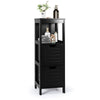 Black wooden floor cabinet with two drawers and three shelves, perfect for bathroom or living room storage.