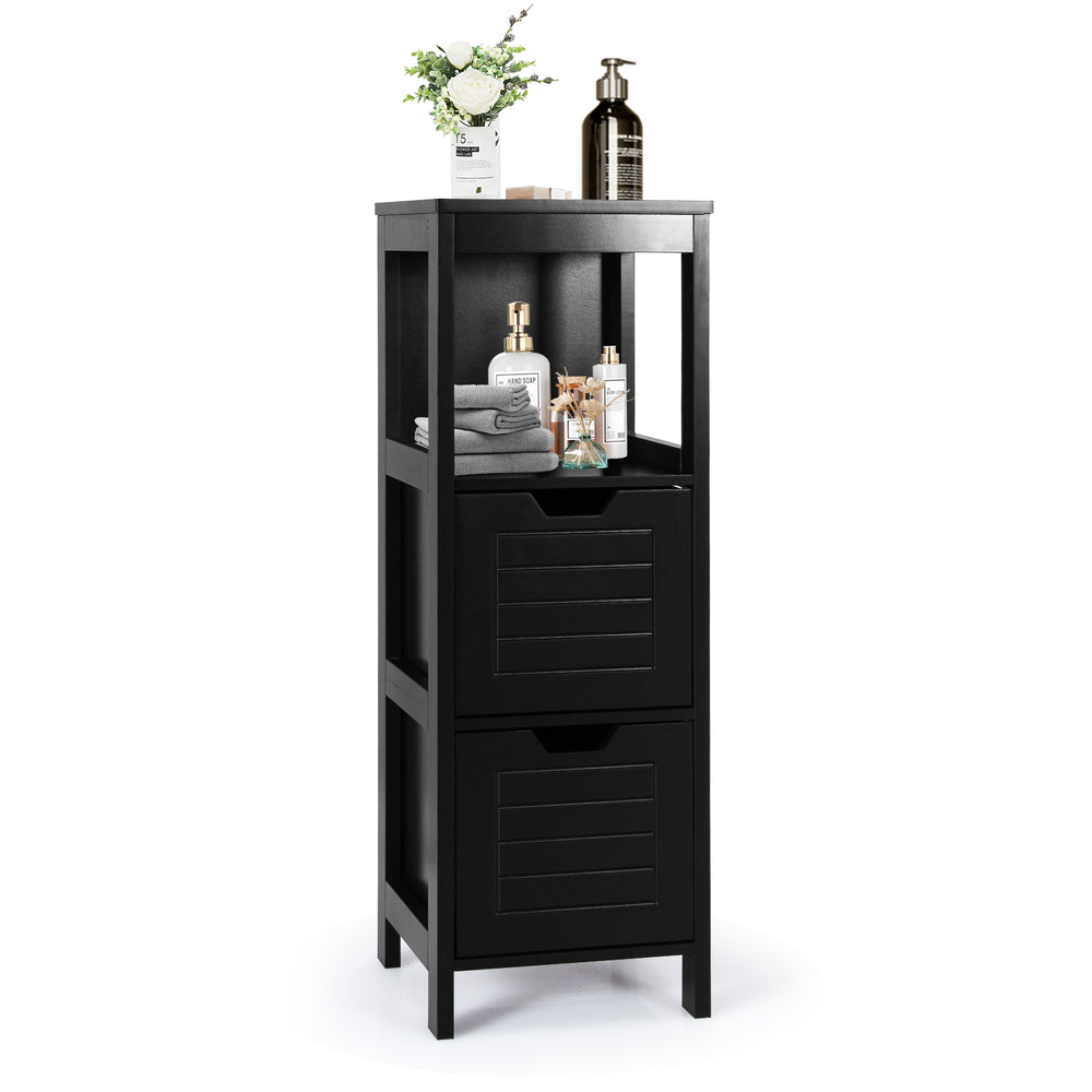 Black wooden floor cabinet with two drawers and three shelves, perfect for bathroom or living room storage.
