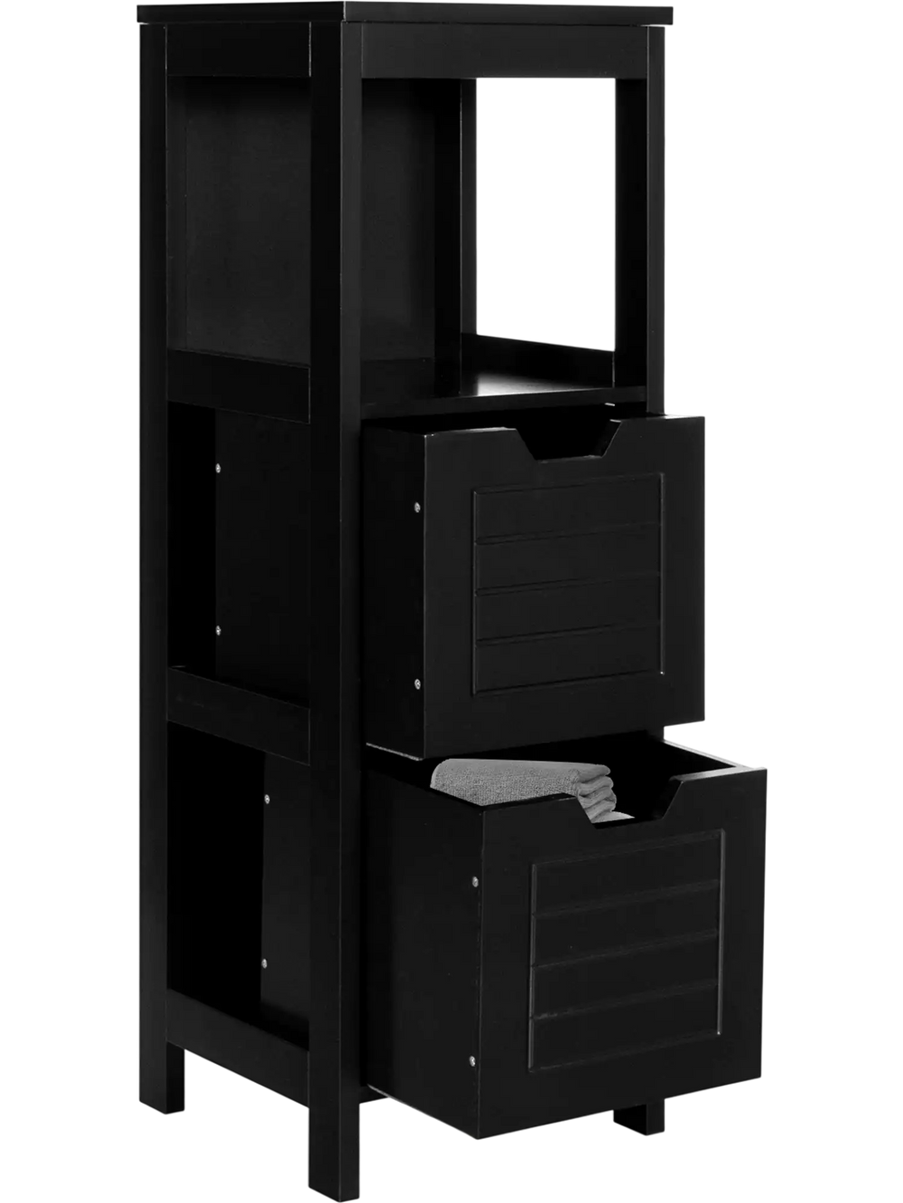 Black wooden floor cabinet with two drawers and three shelves, ideal for bathroom or living room storage.