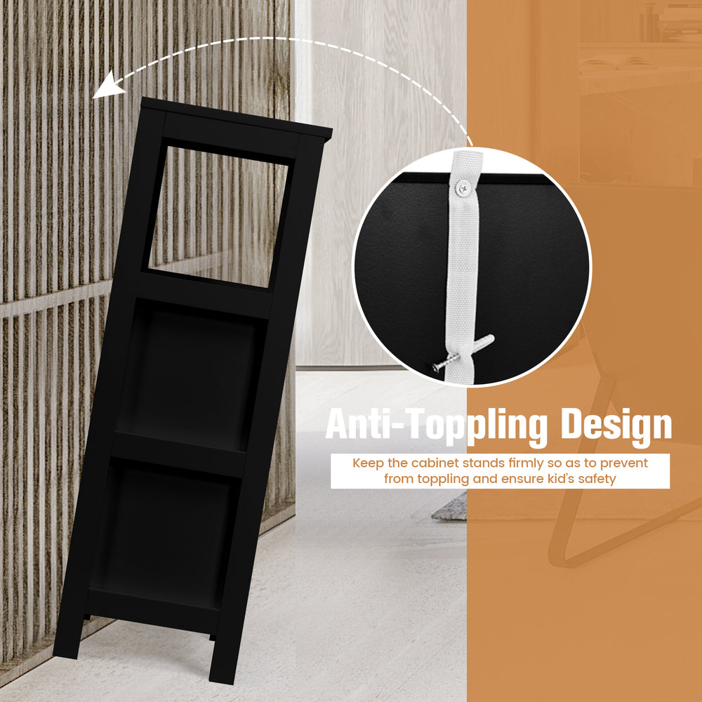 Bathroom wooden floor cabinet in black with anti-toppling design for safety, featuring three shelves and two drawers.