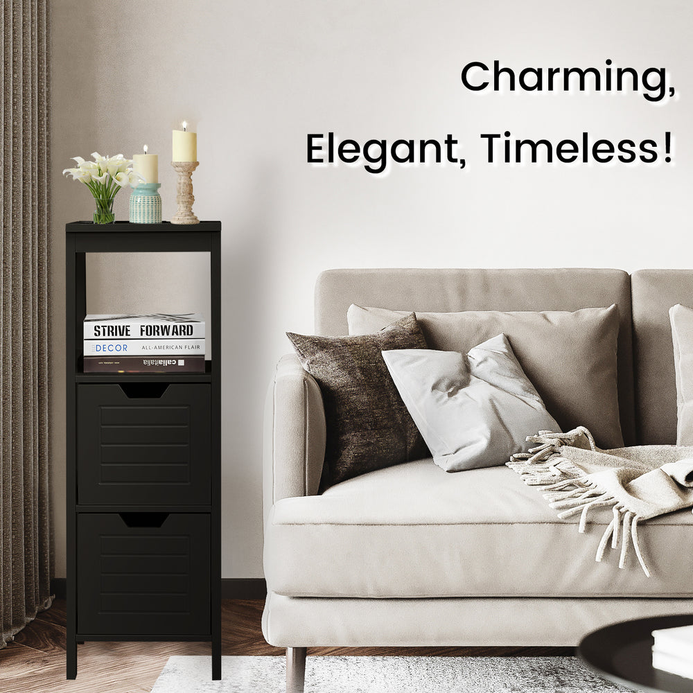 Black wooden floor cabinet with two drawers, perfect for bathroom or living room storage and organization.