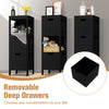 Black wooden floor cabinet with three shelves and removable deep drawers for versatile storage in any room.