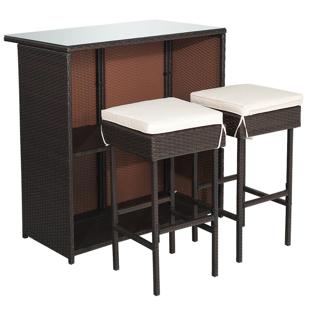 Costway Outdoor Rattan Wicker Bar Set with 2 Cushioned Stools New