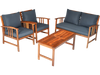 4-piece wooden patio furniture set with cushioned loveseat and chairs, ideal for outdoor or indoor garden decor.