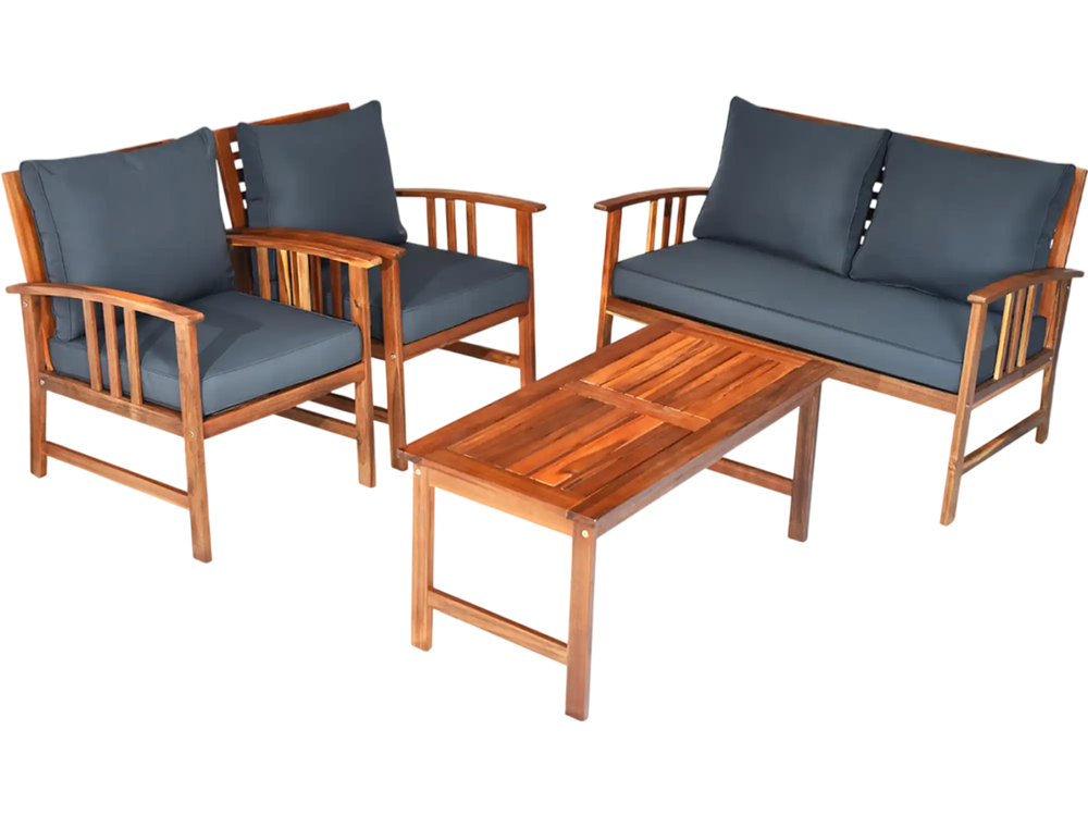 4-piece wooden patio furniture set with cushioned loveseat and chairs, ideal for outdoor or indoor garden decor.