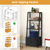 4-tier ladder bookshelf with 2 drawers in black, featuring anti-tipping device, ideal for living room or bedroom.