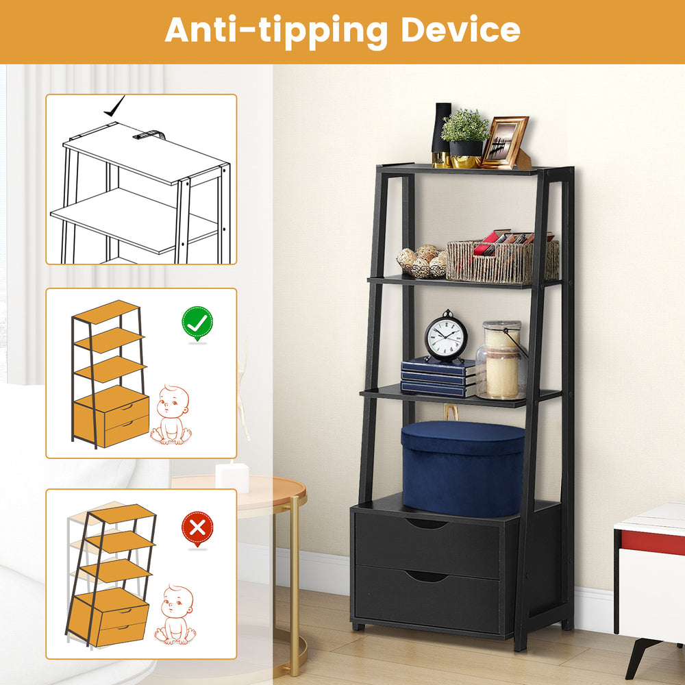 4-tier ladder bookshelf with 2 drawers in black, featuring anti-tipping device, ideal for living room or bedroom.