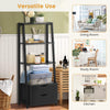 4-tier ladder bookshelf in black with 2 drawers, perfect for storage and display in any room or as a plant stand.