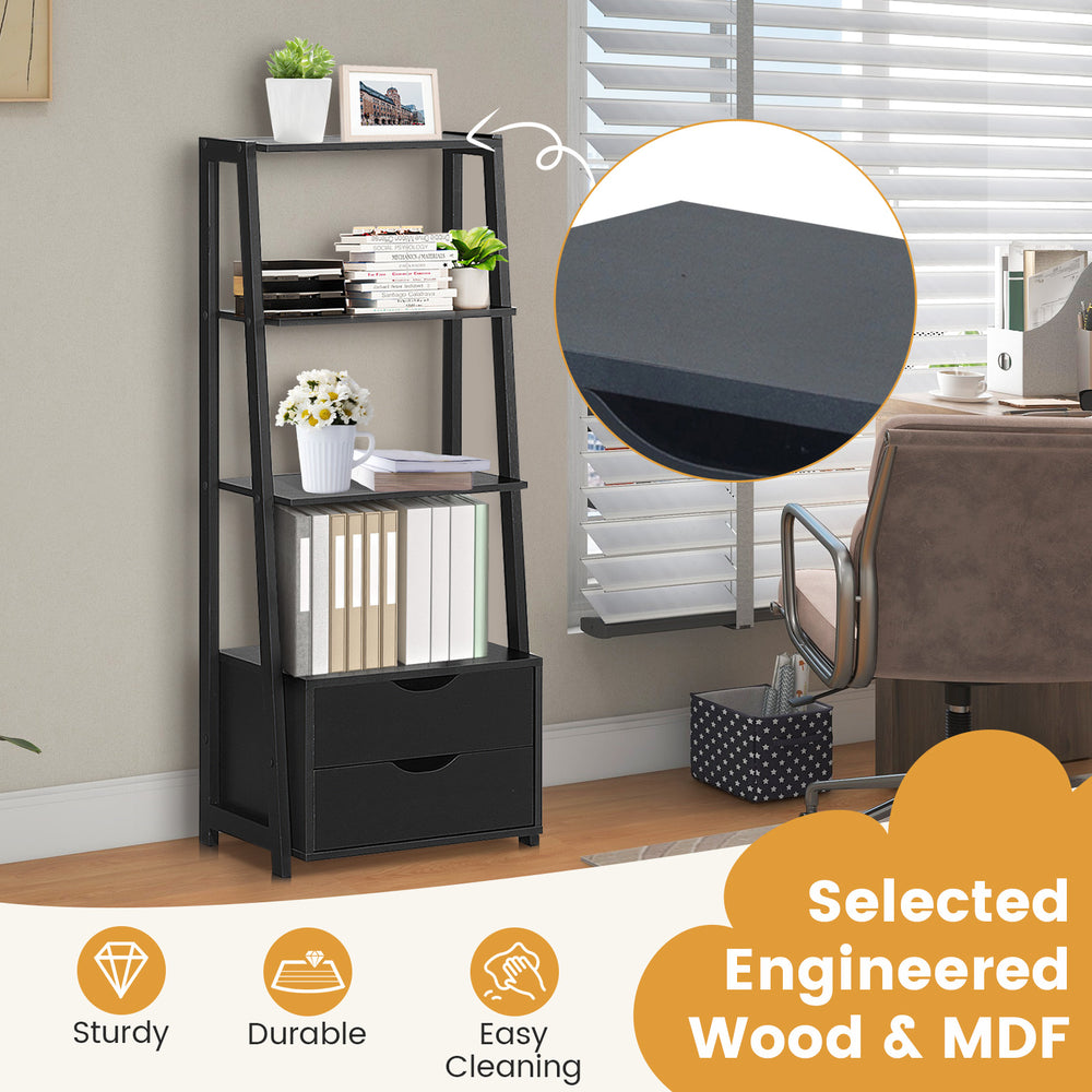 4-tier ladder bookshelf in black with 2 drawers, made of engineered wood and MDF, ideal for storage and display.