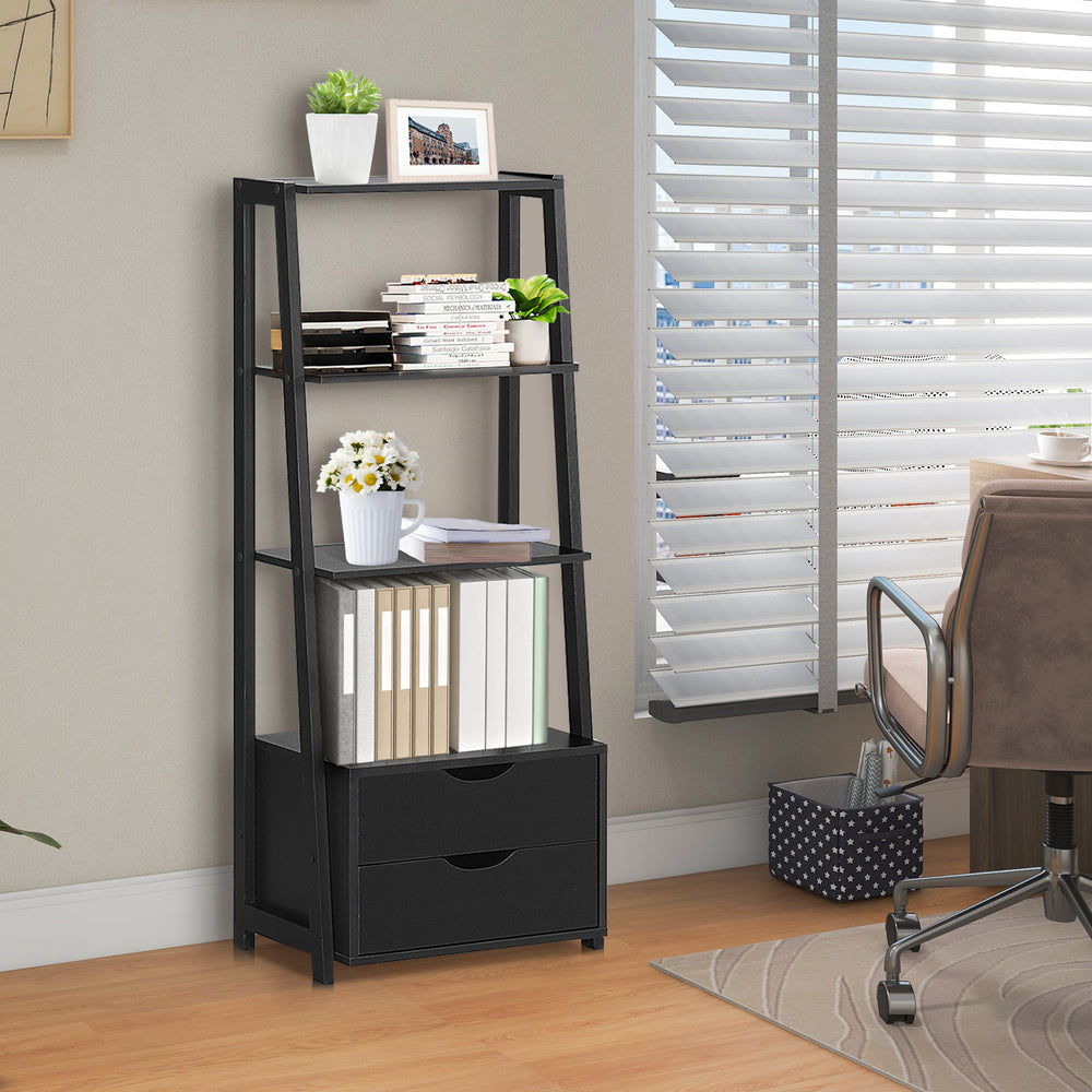 4-tier ladder bookshelf in black with 2 drawers, ideal for storage and display in living room or bedroom.