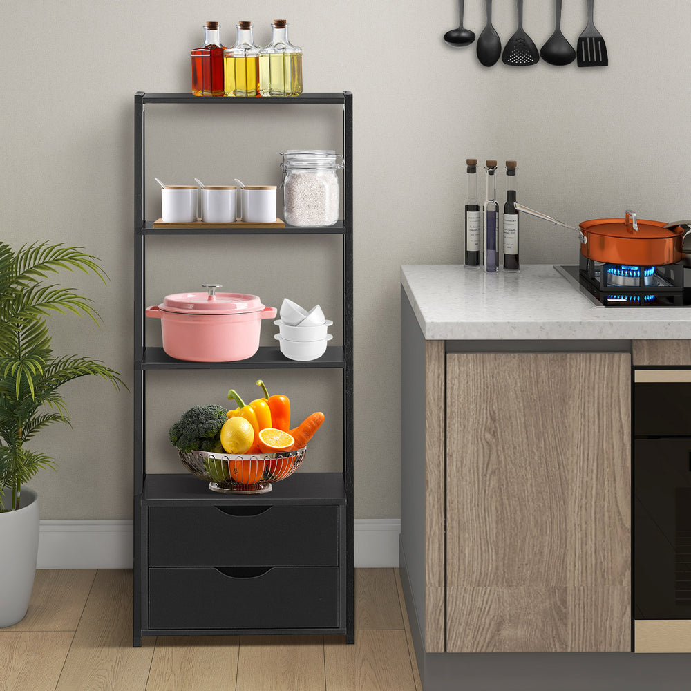 4-tier ladder bookshelf storage display in black with 2 drawers, ideal for organizing books and decor in any room.