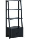 Ladder bookshelf in black featuring 4 open shelves and 2 spacious drawers, perfect for versatile storage solutions.