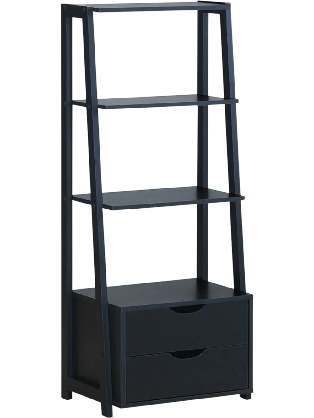 Ladder bookshelf in black featuring 4 open shelves and 2 spacious drawers, perfect for versatile storage solutions.