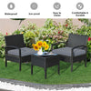 Three-piece outdoor rattan patio conversation set with gray cushions, perfect for backyard relaxation and easy cleaning.