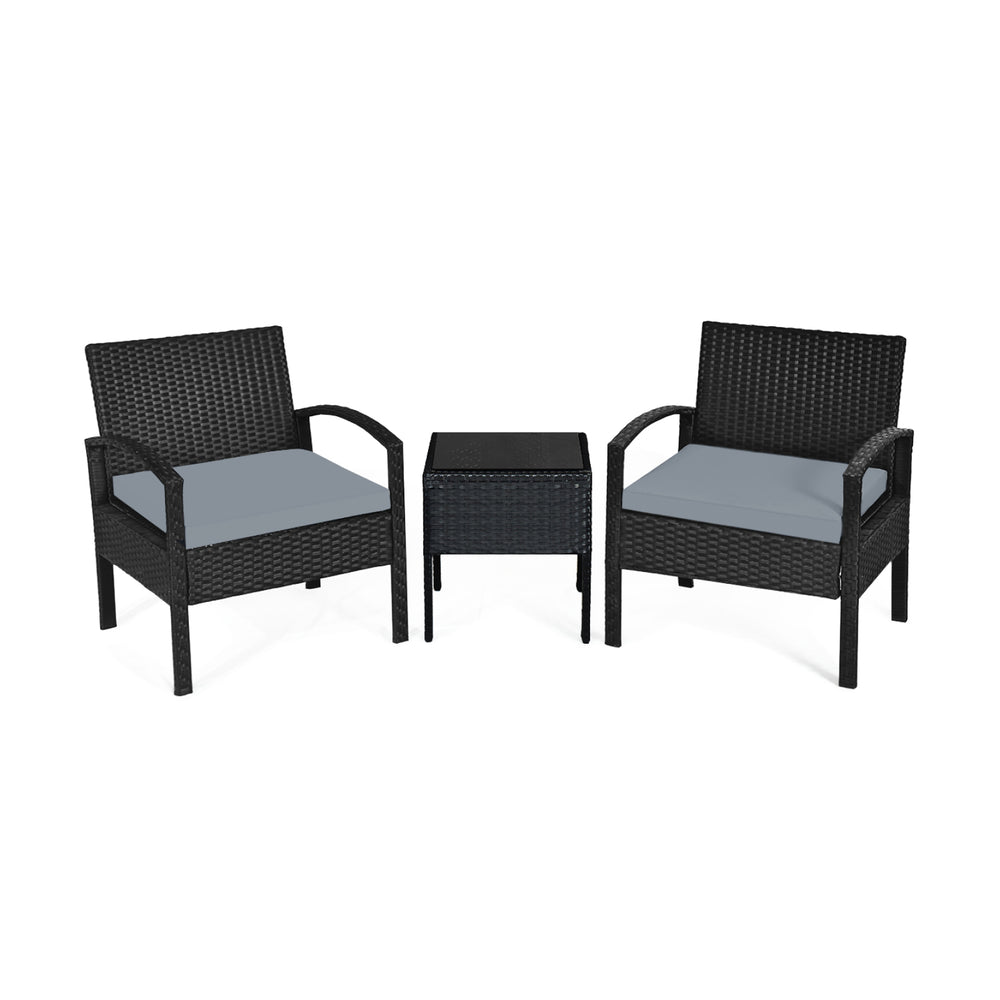 3 Pieces Outdoor Rattan Patio Conversation Set with Seat Cushions-Gray - Gallery View 1 of 13