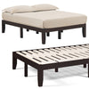 Brown 14-inch full-size wood platform bed frame with slat support, featuring sturdy legs and under-bed storage space.