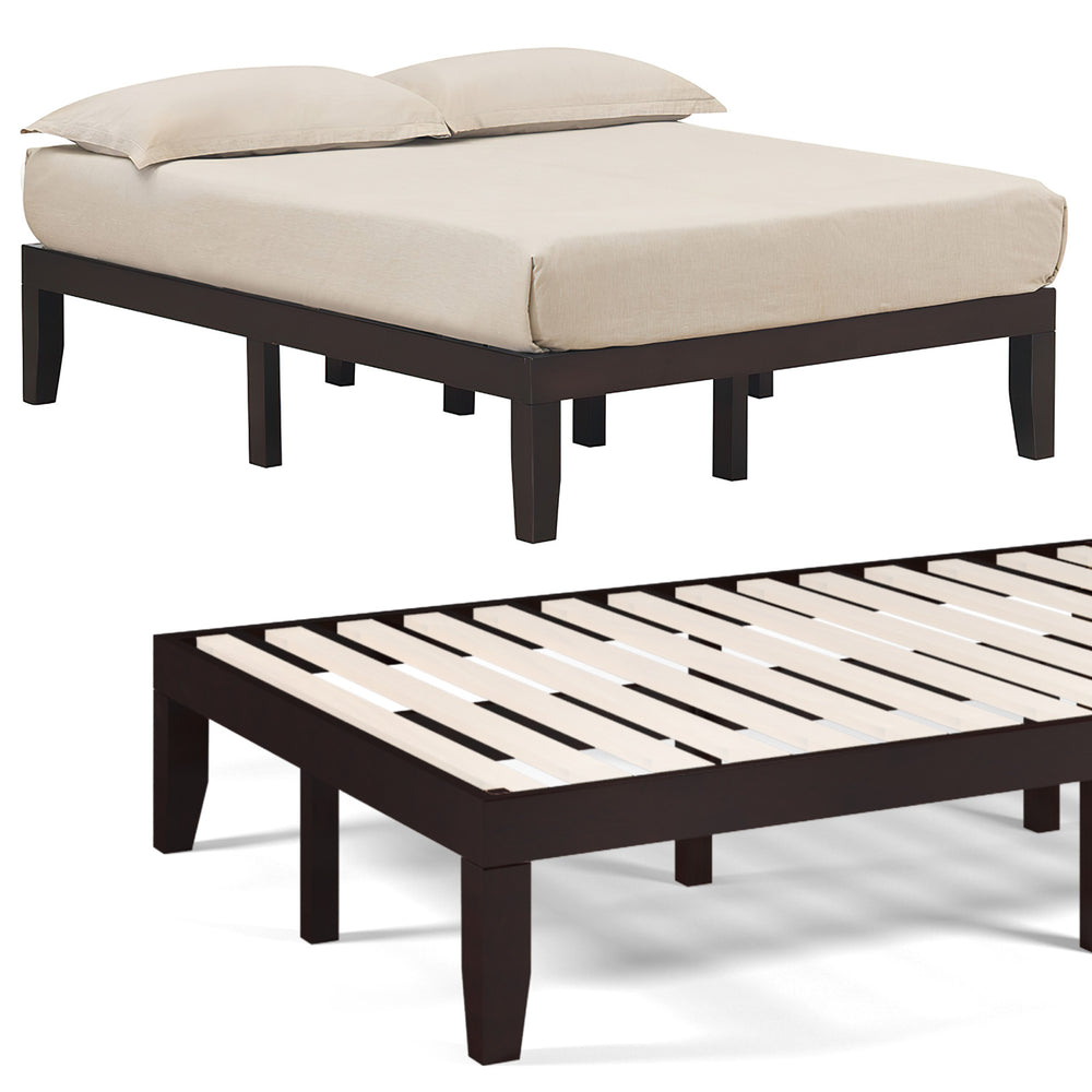Brown 14-inch full-size wood platform bed frame with slat support, featuring sturdy legs and under-bed storage space.