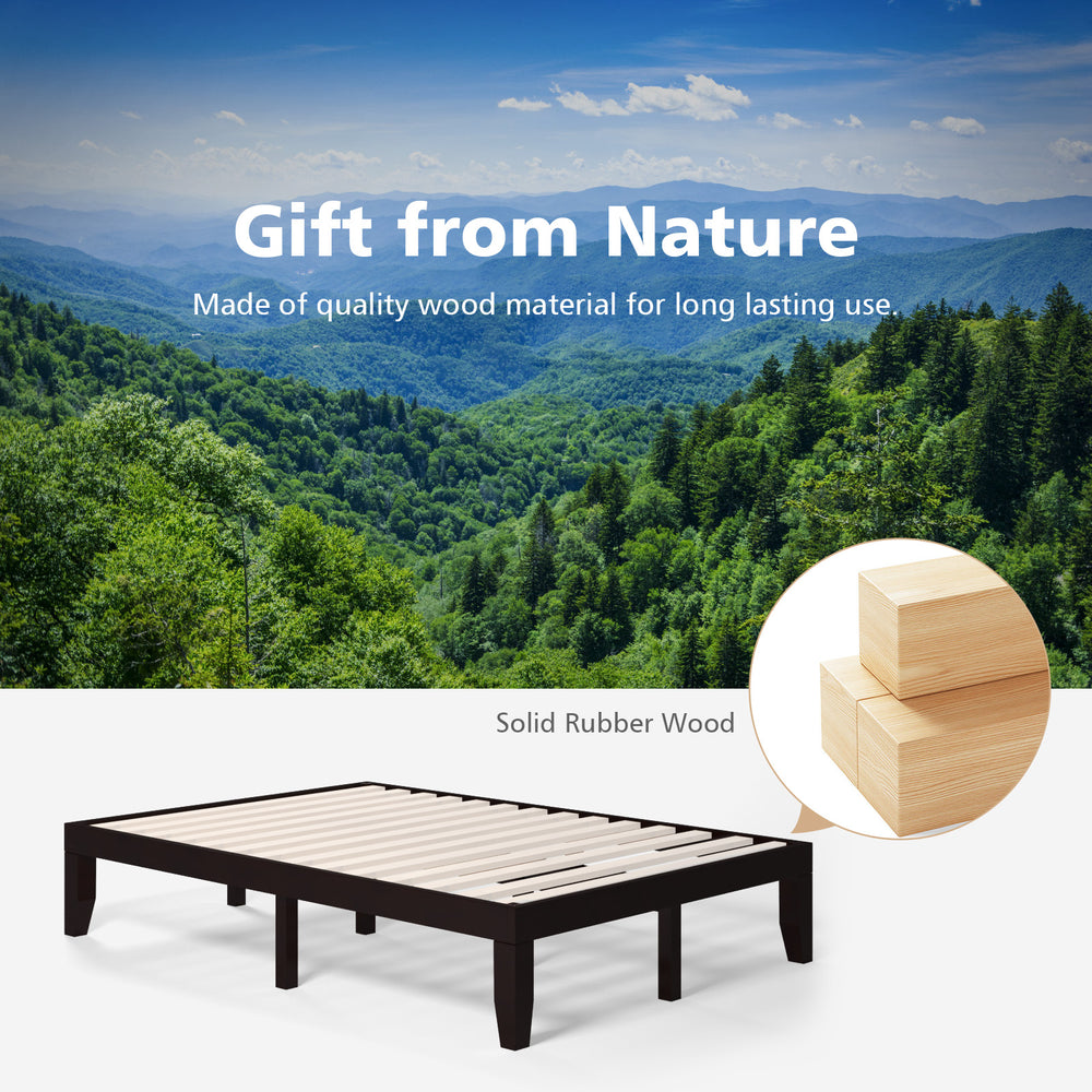 Brown 14-inch full-size wood platform bed frame with solid rubber wood slats, designed for stability and under-bed.