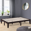 Brown 14-inch full-size wood platform bed frame with slat support, featuring a modern design and large under-bed.