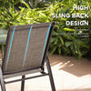 High sling back patio chair in gray with ergonomic design and curved armrests for outdoor dining comfort.