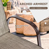 Curved armrest of a gray patio chair showcasing heavy-duty steel frame for comfort and stability, ideal for outdoor use.