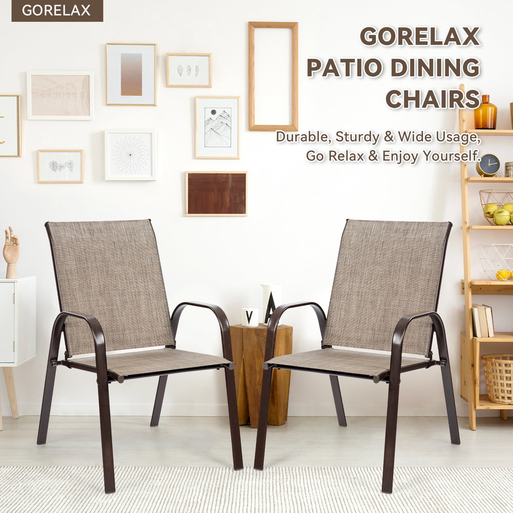 Gray patio dining chairs with armrests, featuring a heavy-duty steel frame and breathable fabric, ideal for outdoor use.