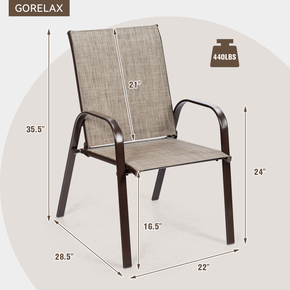 Gray outdoor dining chair with armrest, heavy-duty steel frame, and space-saving design for patio or garden use.