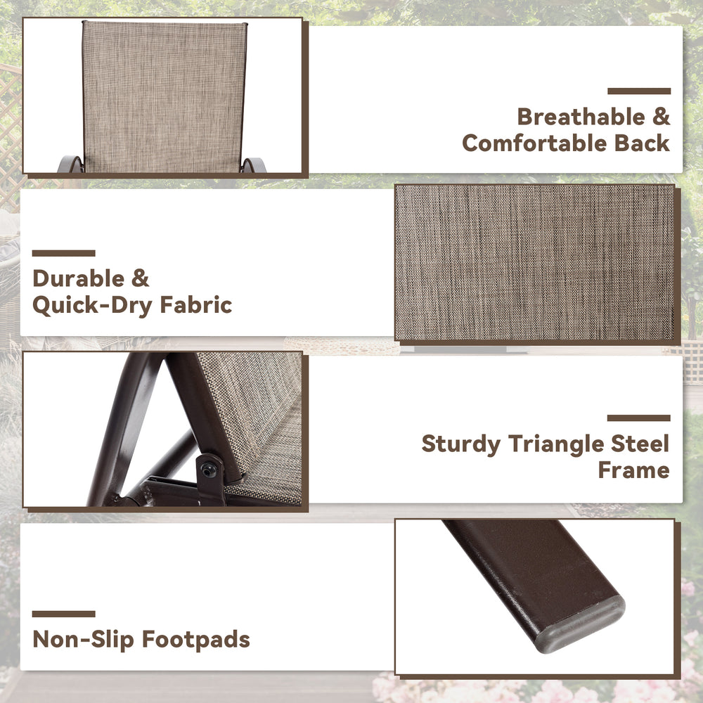 Breathable gray fabric and sturdy triangle steel frame of patio dining chair with armrest for outdoor comfort.