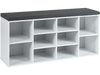 10-cube organizer shoe storage bench in white with a removable cushion, ideal for entryway and versatile home storage.