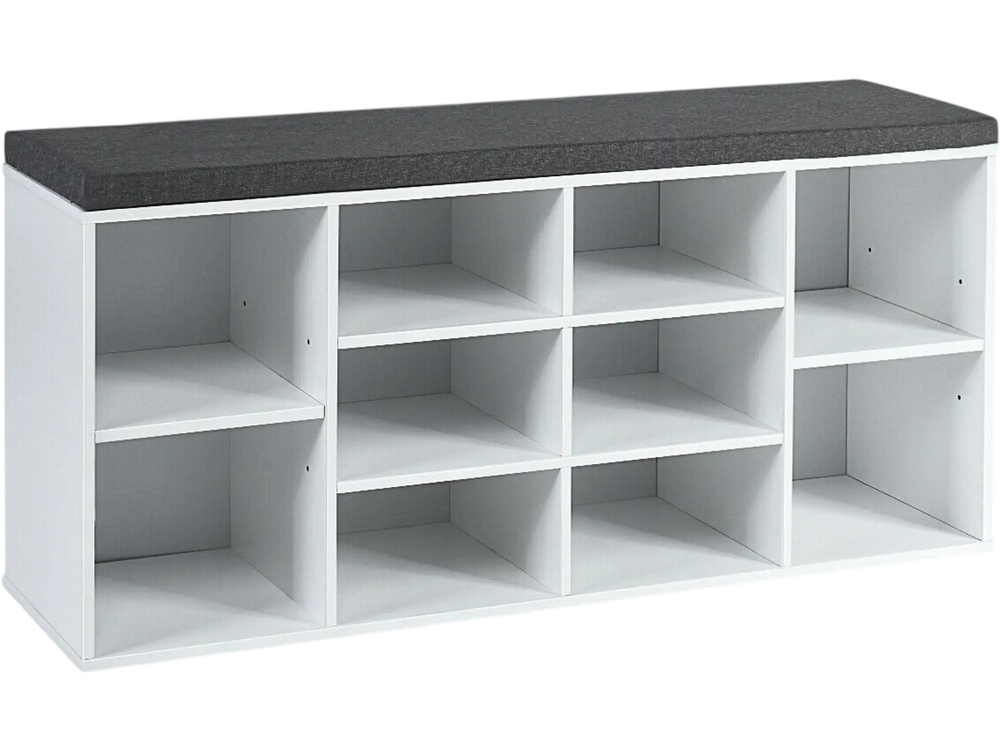 10-cube organizer shoe storage bench in white with a removable cushion, ideal for entryway and versatile home storage.