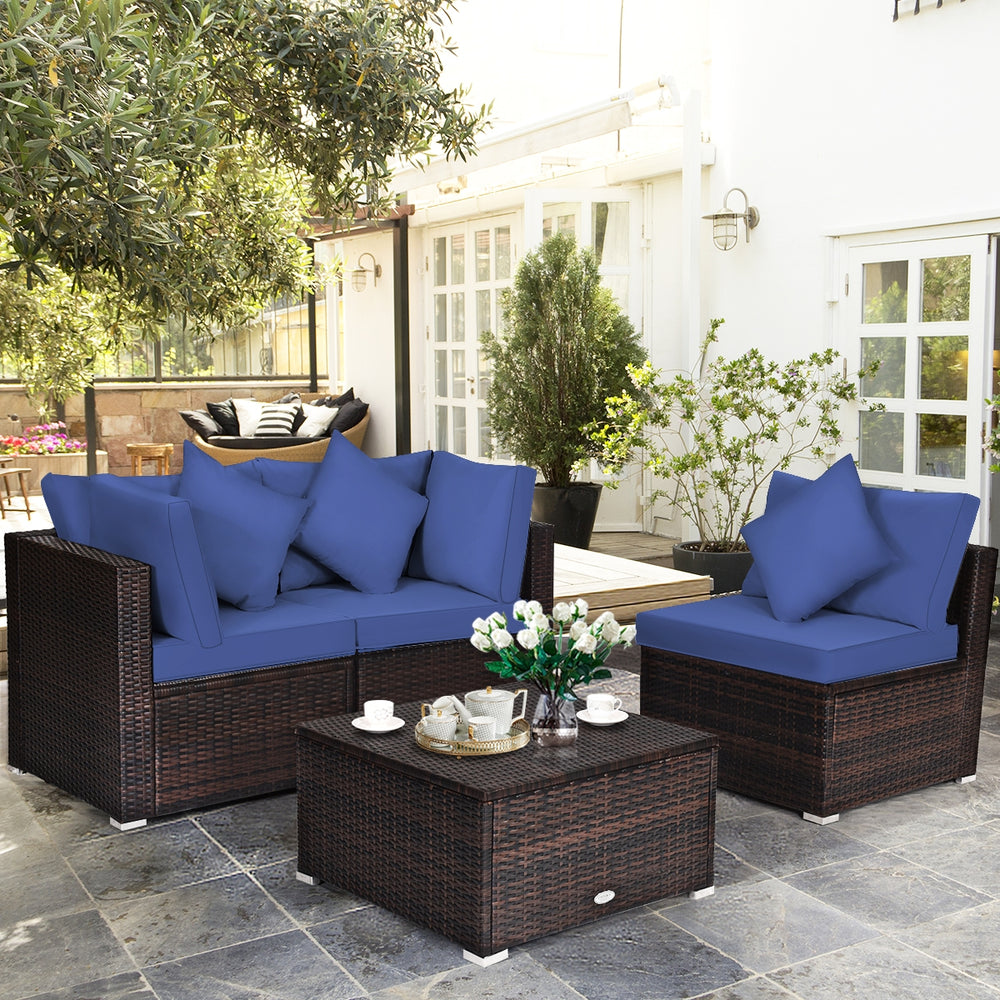 4 Pieces Ottoman Garden Patio Rattan Wicker Furniture Set with Cushion-Navy - Gallery View 1 of 11