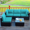 Turquoise cushioned patio rattan furniture set featuring 2 armless sofas, 2 corner sofas, and a glass coffee table for.