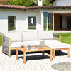 Three-piece patio sofa set featuring acacia wood frame and nylon rope armrests, ideal for outdoor relaxation.